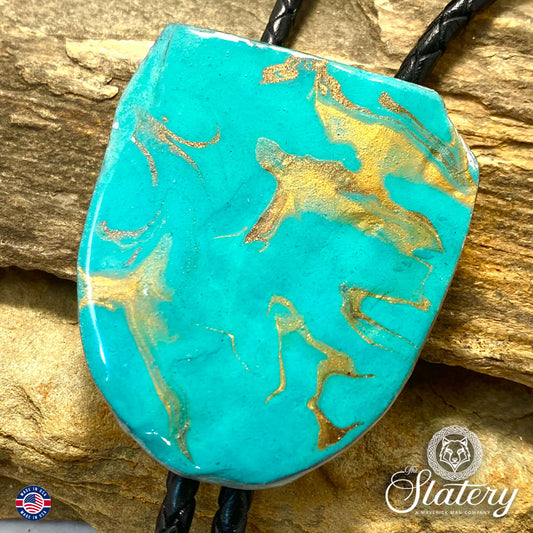 Large slate bolo in turquoise and gold poured acrylics