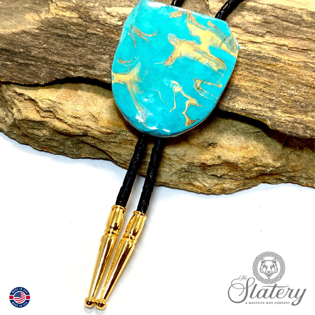 Large slate bolo in turquoise and gold poured acrylics