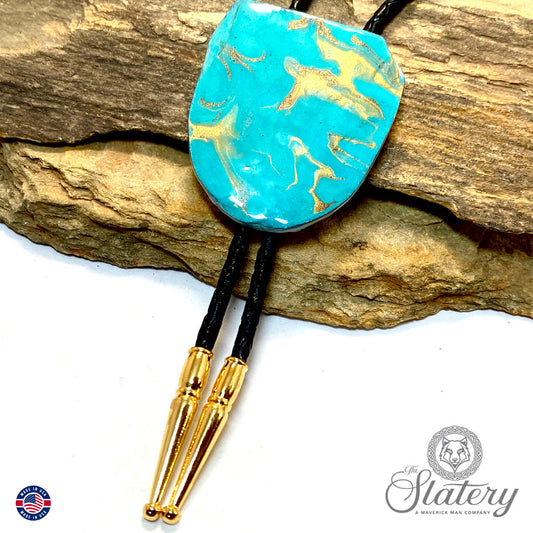 Large slate bolo in turquoise and gold poured acrylics
