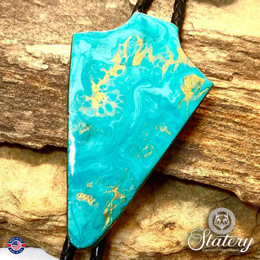 Large slate arrowhead bolo in turquoise and gold poured acrylics