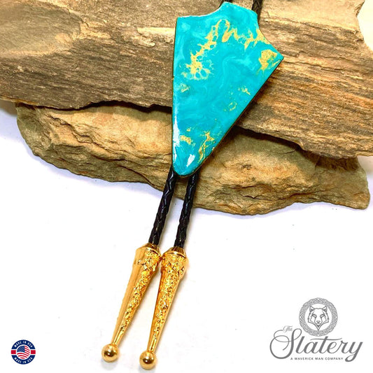 Large slate arrowhead bolo in turquoise and gold poured acrylics