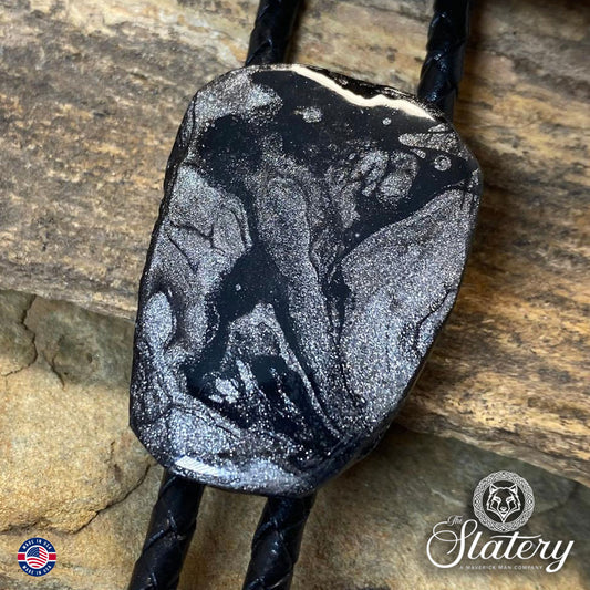 Hand painted slate bolo tie with Black and Platinum