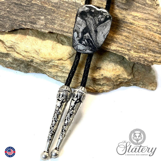 Hand painted slate bolo tie with Black and Platinum