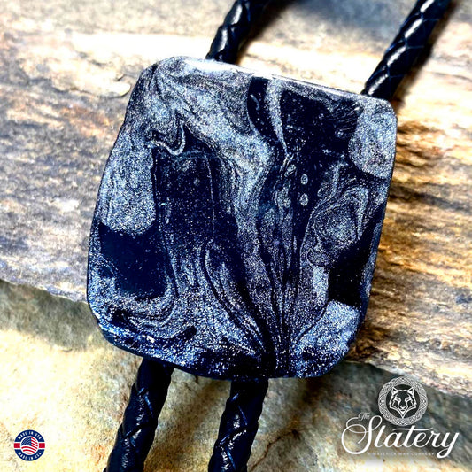 Hand painted slate bolo tie with Black and Platinum