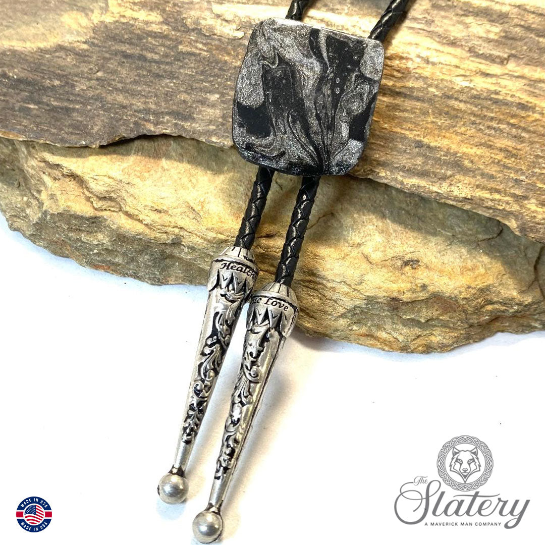 Hand painted slate bolo tie with Black and Platinum