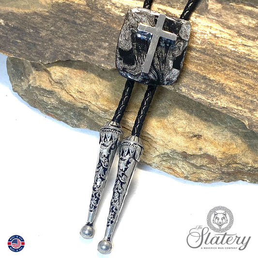 Hand painted slate bolo tie with Black and Platinum