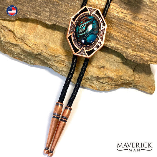 Copper dressy geometric bolo tie with hand painted stone