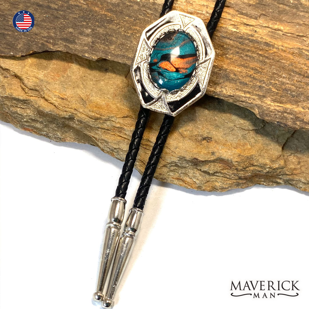 Silver and black dressy geometric bolo tie with hand painted stone