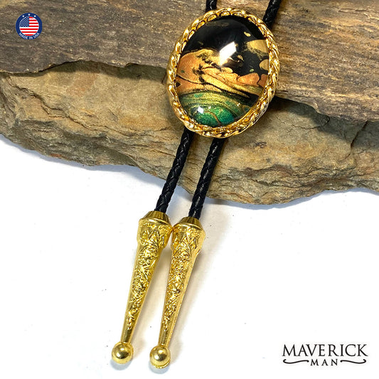 Golden twist bolo tie with hand painted stone