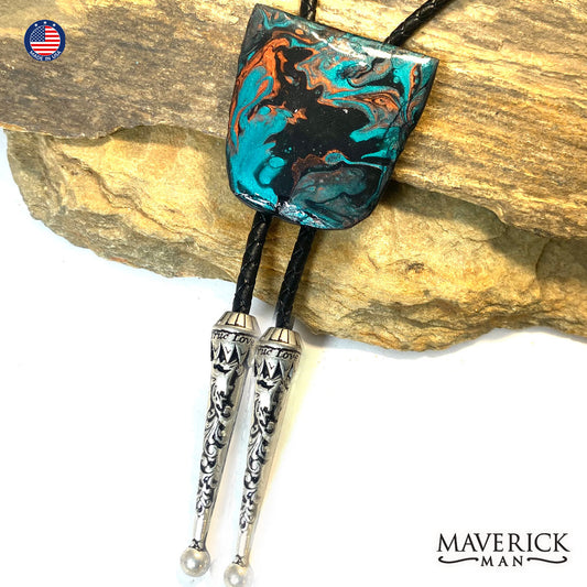Hand painted slate bolo tie in Turquoise and Copper