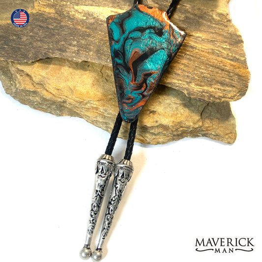 Hand painted slate arrowhead bolo tie in Turquoise and Copper