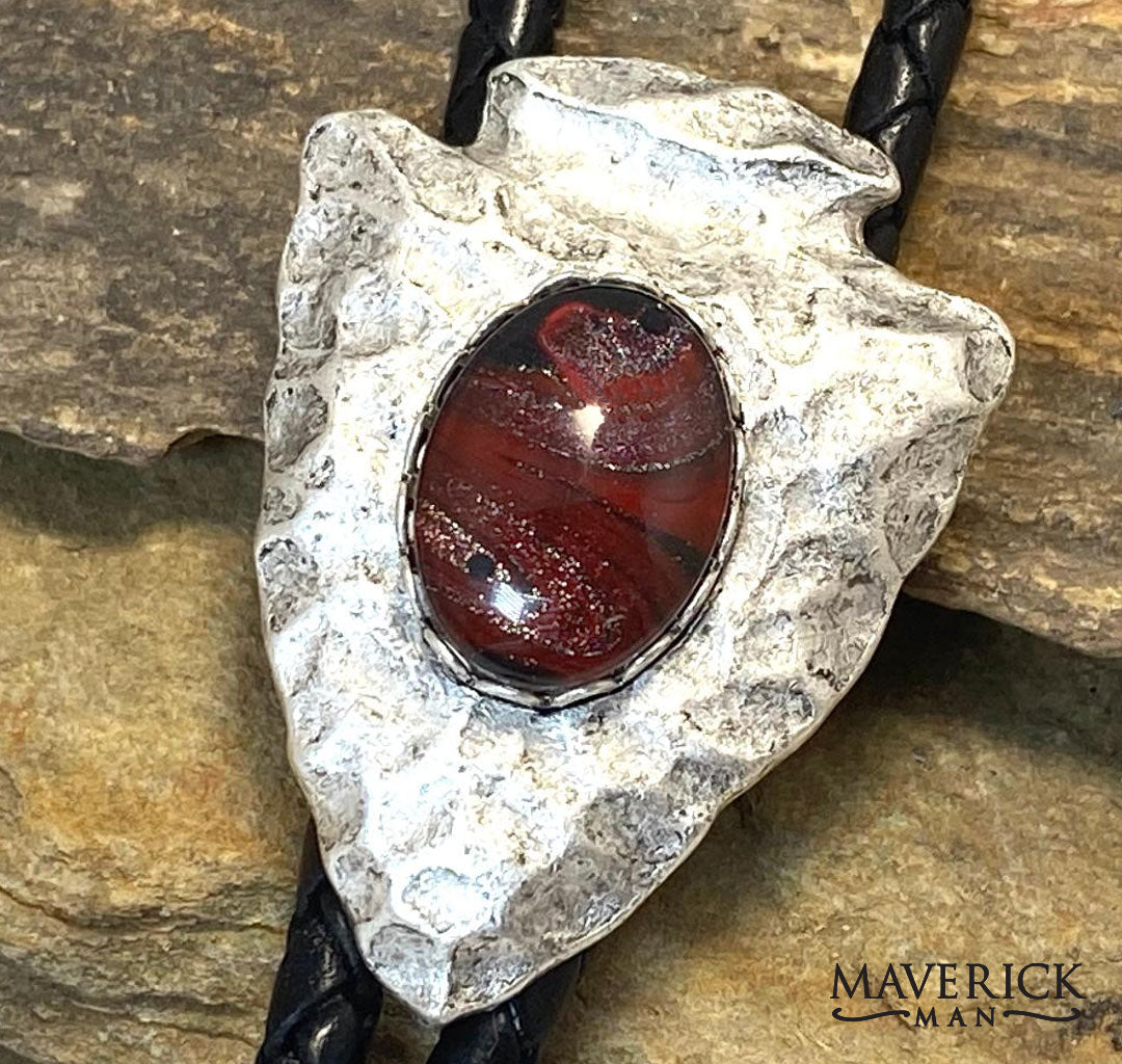 Bolo tie with hand painted stone in hammered arrowhead