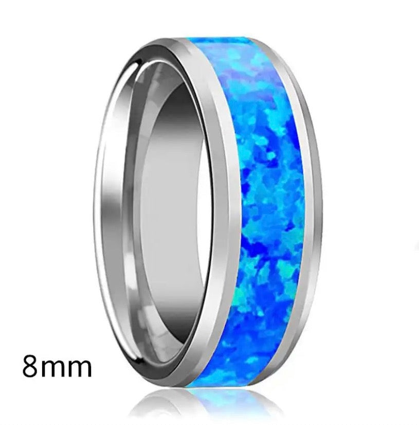 Wider stainless steel band with simulated fire Opal stone