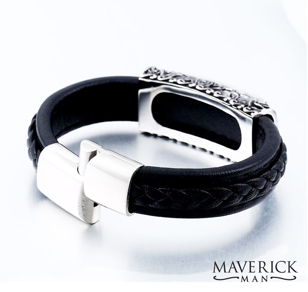 Black leather bracelet with stone and stainless steel accents