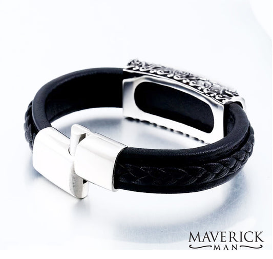 Black leather bracelet with stone and stainless steel accents