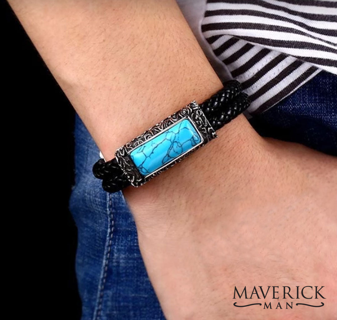 Black leather bracelet with stone and stainless steel accents