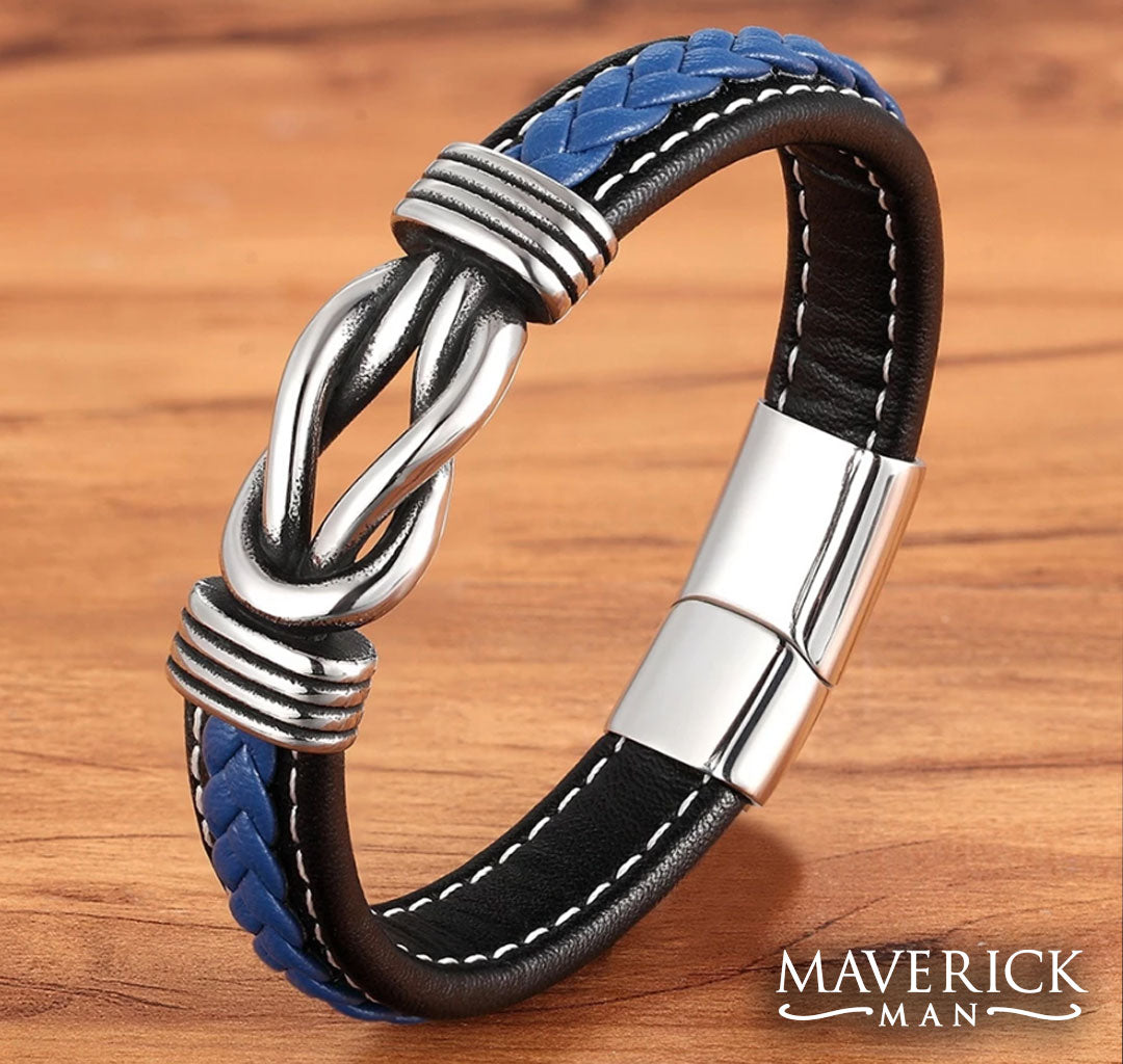 Braided leather bracelet with stainless steel accents - blue