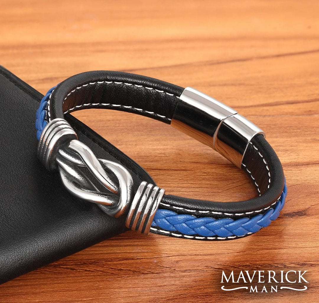 Braided leather bracelet with stainless steel accents - blue