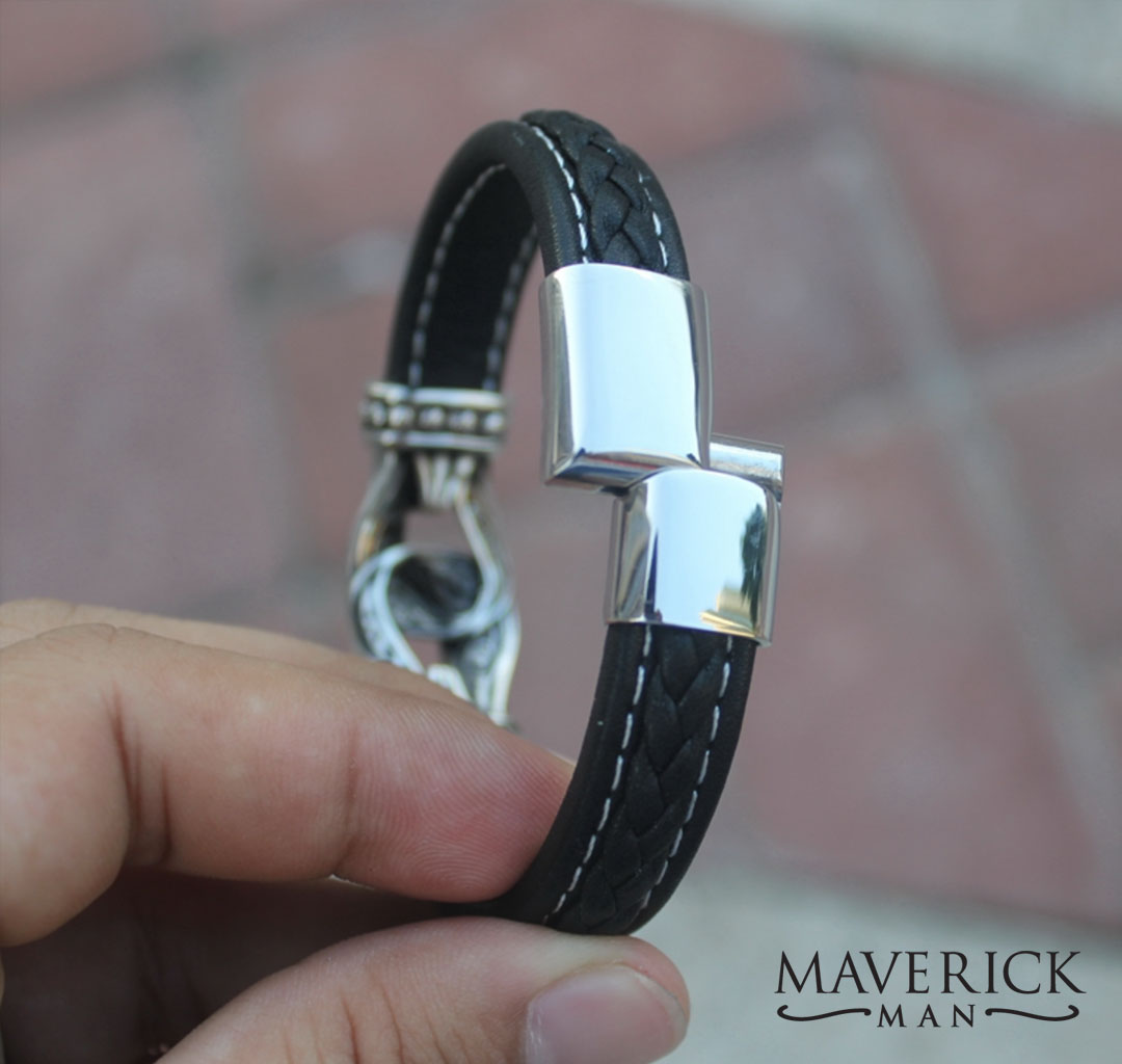 Braided leather bracelet with stainless steel filigree accents