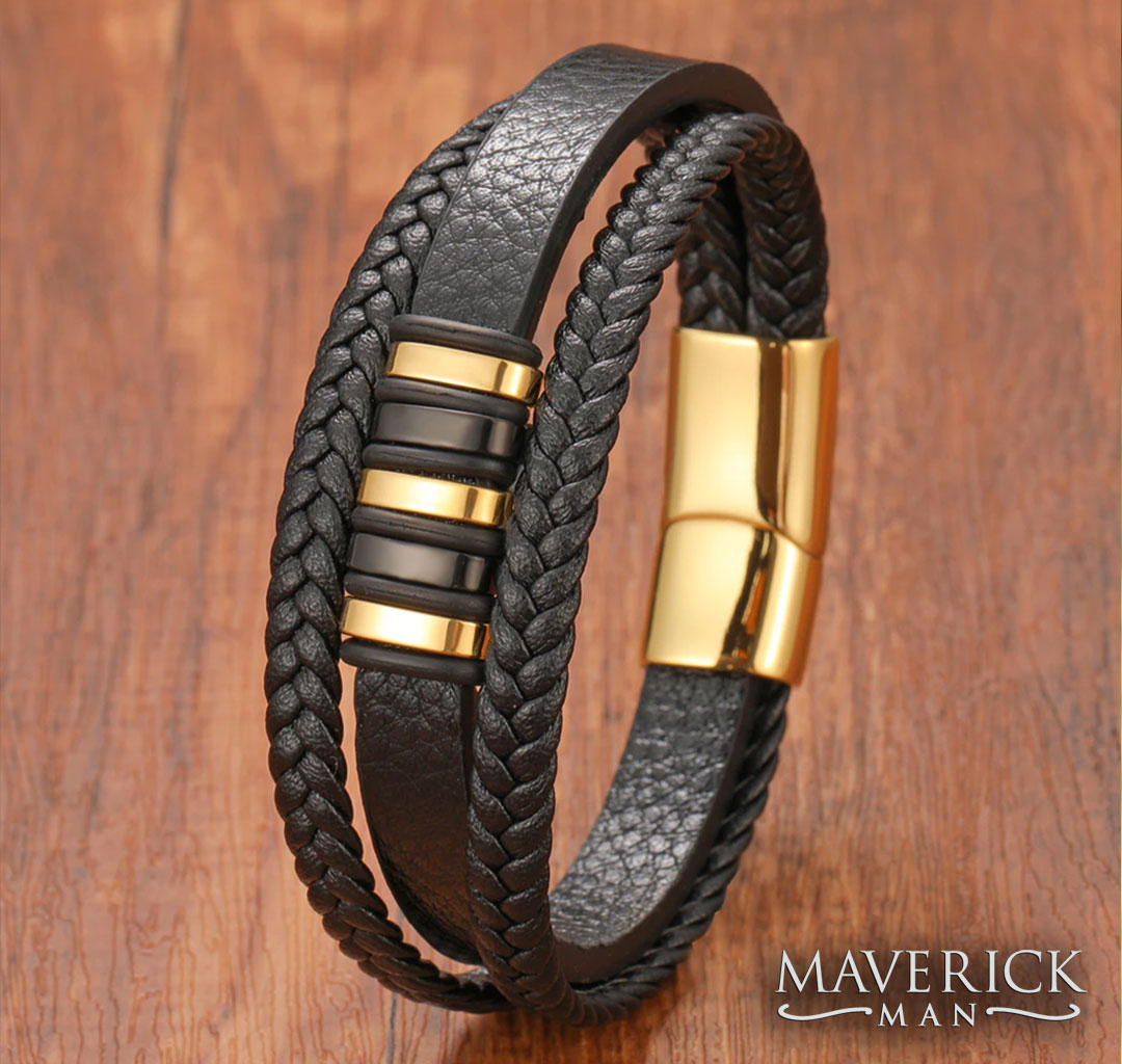 3-strand leather bracelet with gold stainless steel accents – Maverick Man