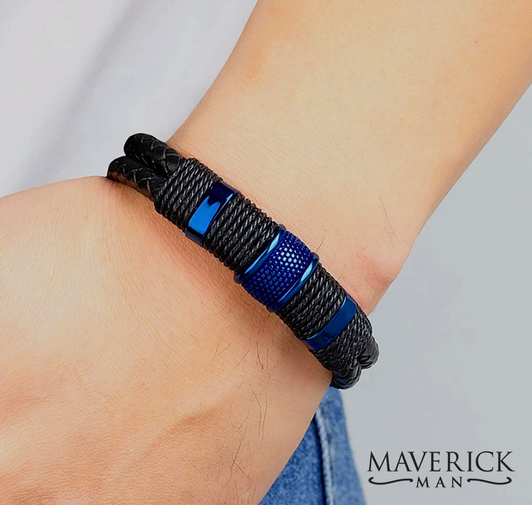 Black leather bracelet with blue stainless steel accents