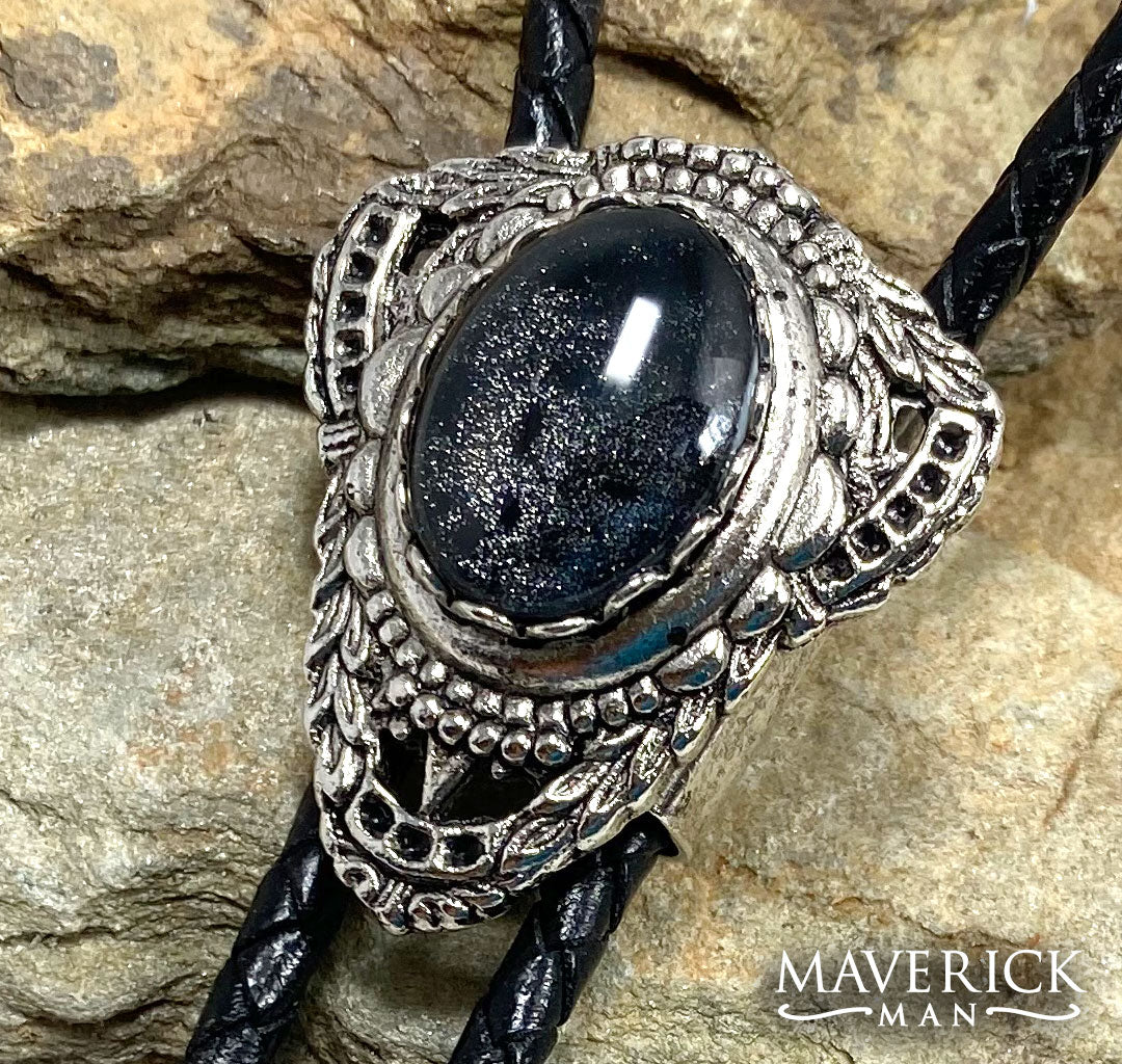 Small concho bolo with hand painted stone in black and platinum