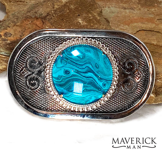 Vintage black and silver belt buckle with Color Shift hand painted turquoise stone