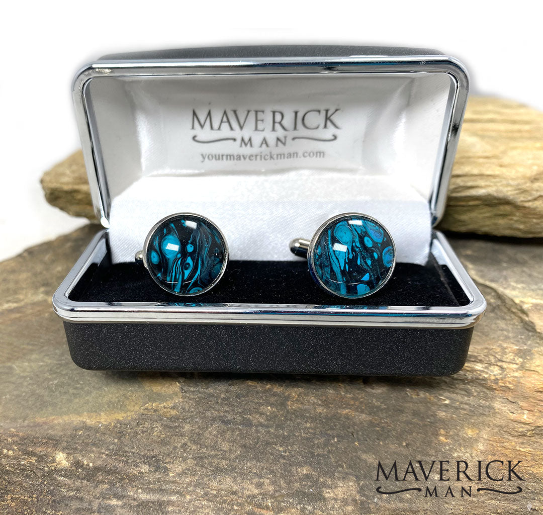 Distinctly uncommon turquoise and black stainless steel hand painted cufflinks