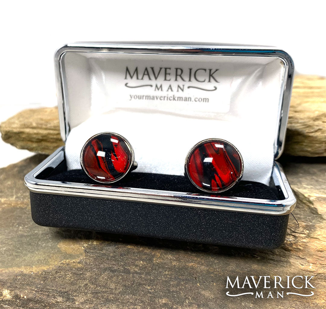 Handsome stainless steel cufflinks in red and black