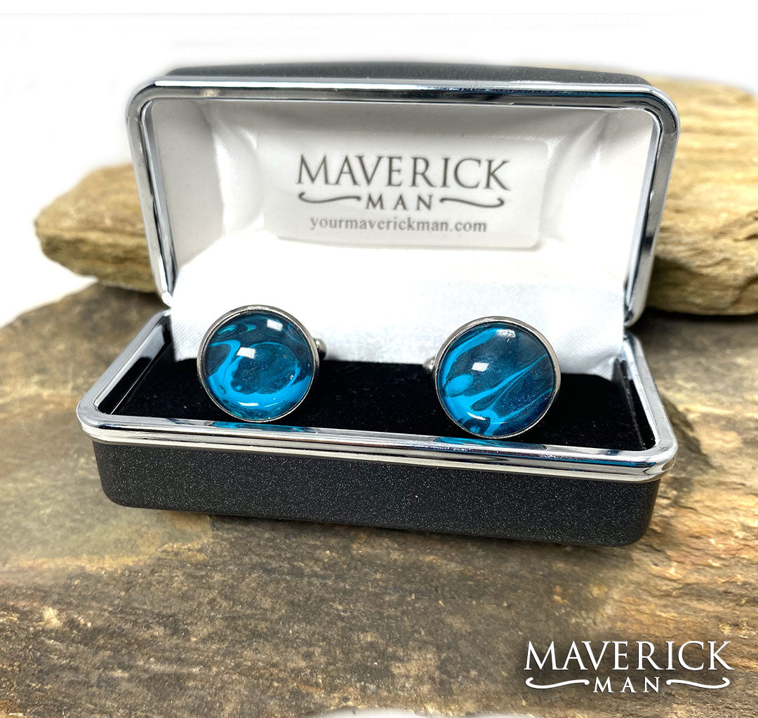 Good looking stainless steel cufflinks in turquoise and dark gray