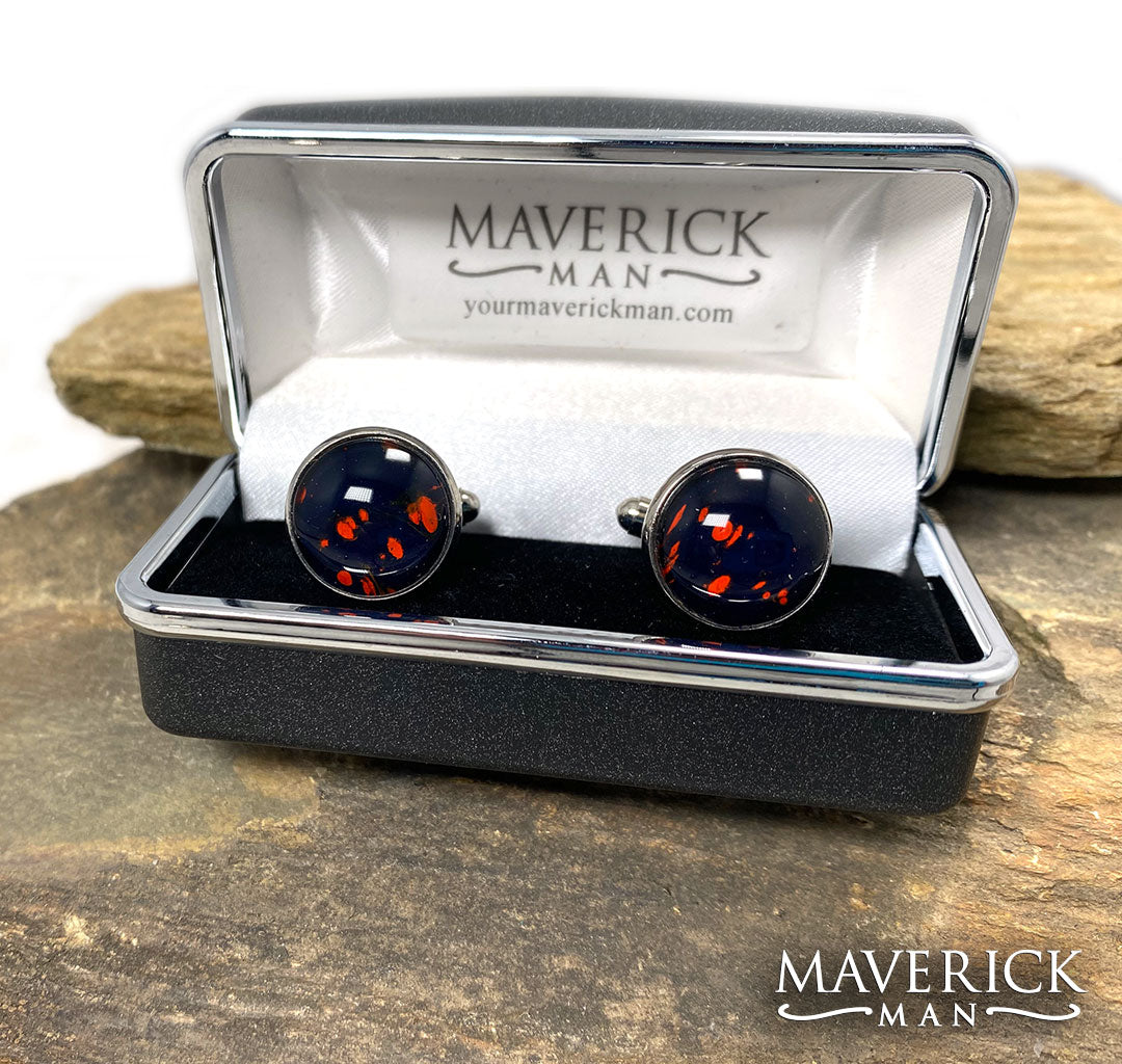 Hand painted stainless steel cufflinks in navy and dark orange