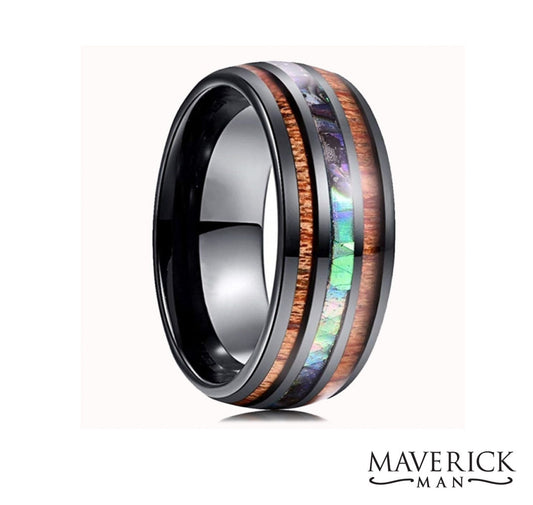 Good looking wood and abalone insets in black tungsten steel