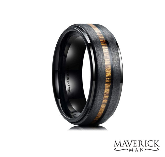 Black tungsten steel ring with wood inlay
