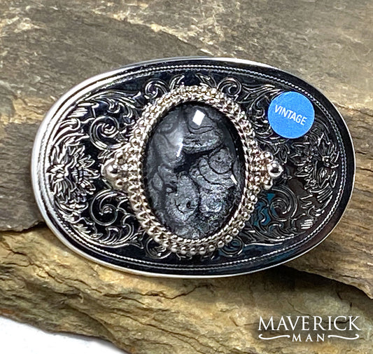 Black and platinum hand painted stone in vintage buckle
