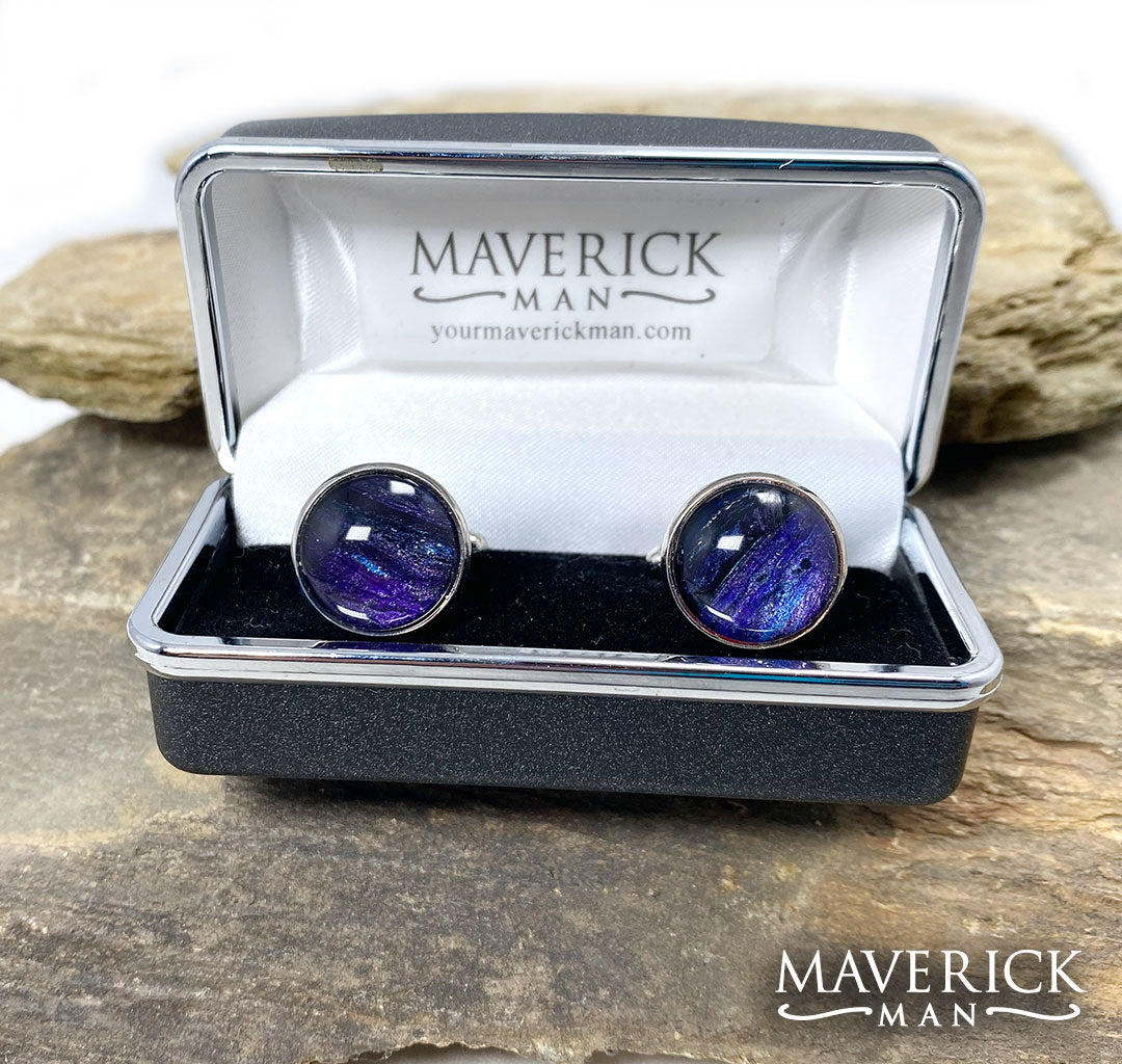 Cool black and metallic purple stainless steel cufflinks