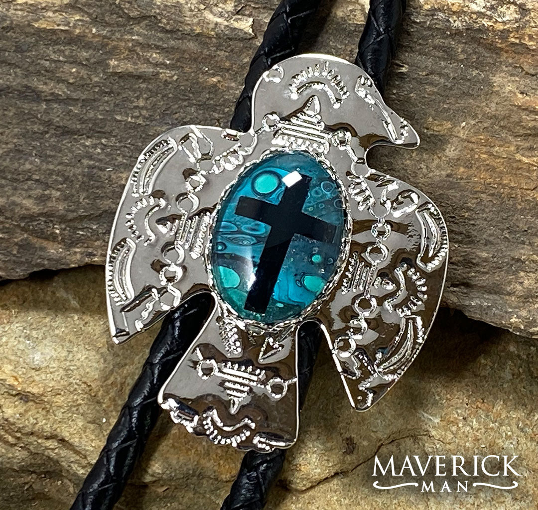 Dressy thunderbird bolo tie with cross