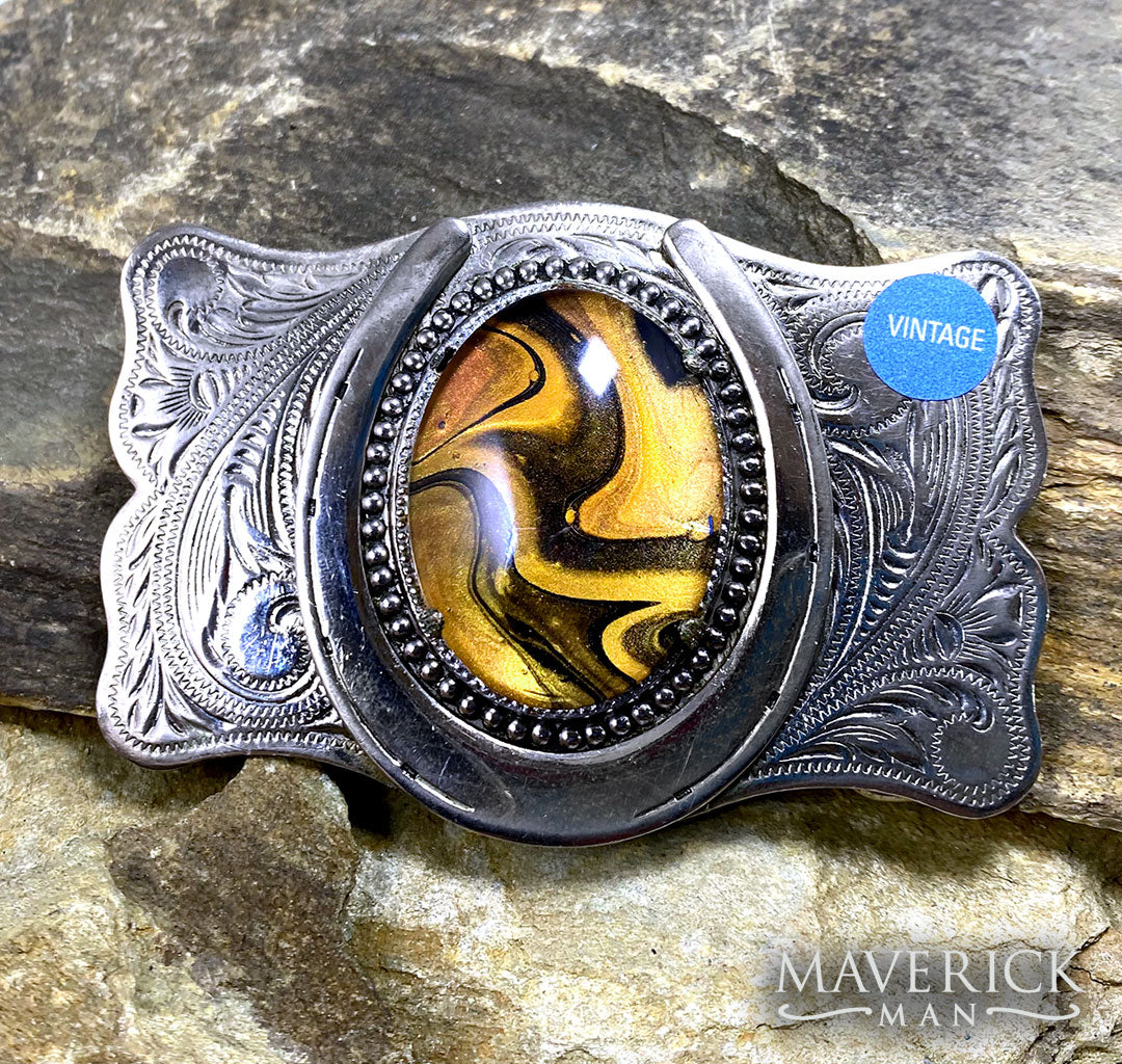 Large vintage horseshoe buckle with hand painted stone