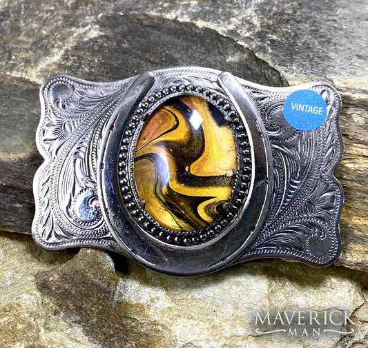 Large vintage horseshoe buckle with hand painted stone