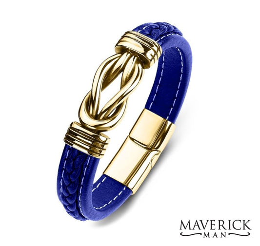 Braided leather bracelet with gold stainless steel accents - blue