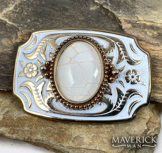 Dressy gold and white western belt buckle with hand painted stone