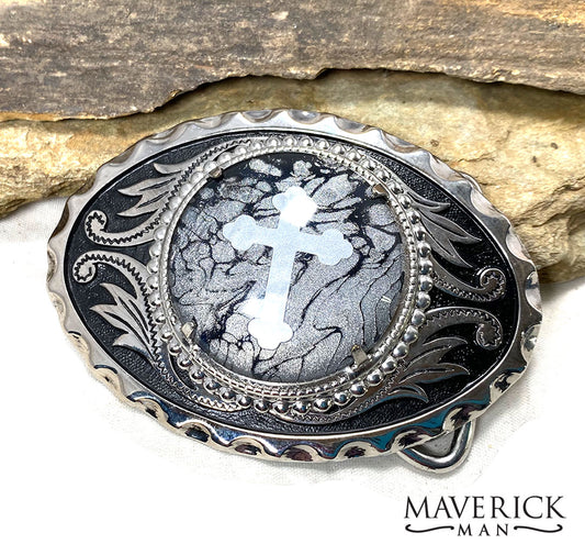 Black and Silver filigree buckle with gray and black stone and silver cross inlay - SET AVAILABLE