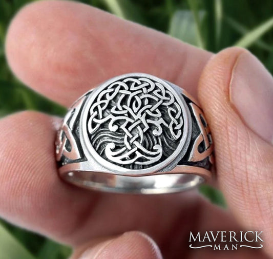 Tree of Life ring in stainless steel with Gothic Knots