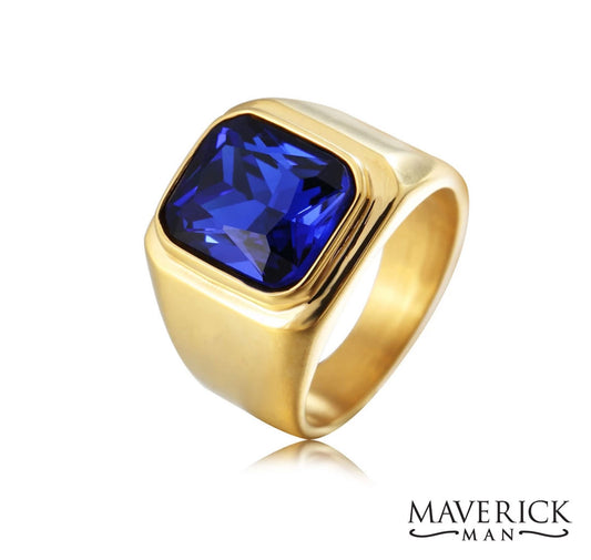 Gold-plated stainless steel ring with sapphire blue stone