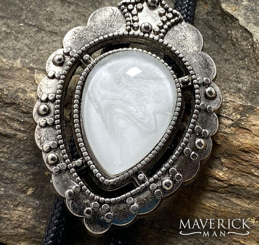 Dressy bolo with white and silver hand painted stone