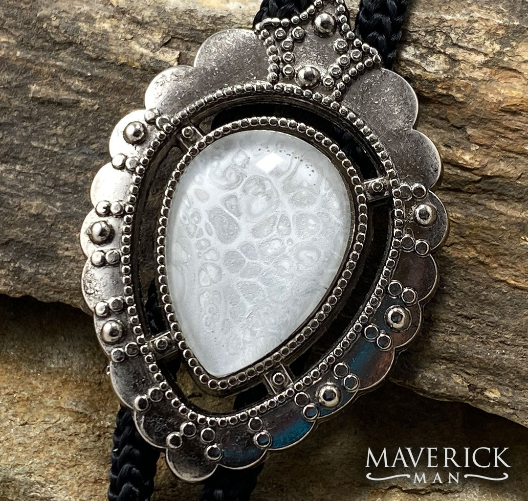 Dressy bolo with unusual white and silver hand painted stone