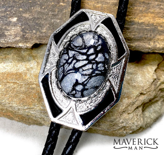 Dressy silver and black bolo with gray and black hand painted stone