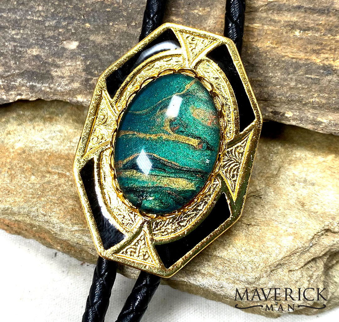 Black and gold dressy geometric bolo with green stone