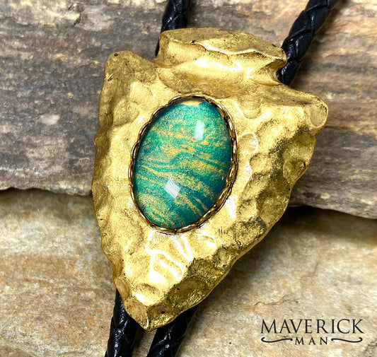Golden hammered arrowhead bolo with hand painted stone