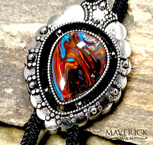 Southwestern hand painted stone in silver bolo