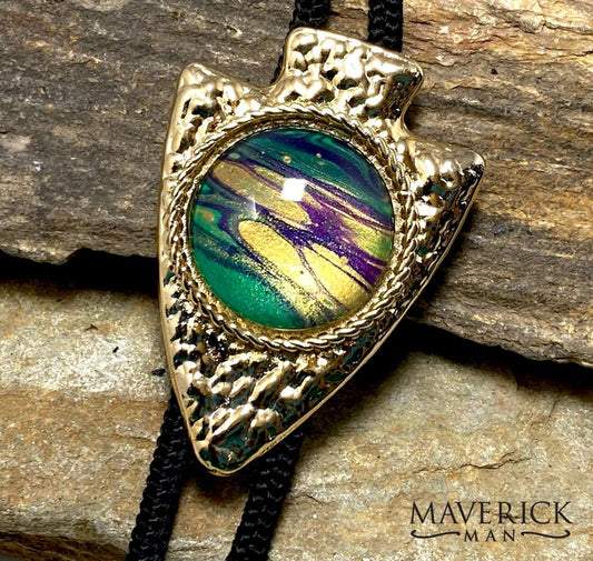 Hammered look gold arrowhead bolo with Party Gras hand painted stone
